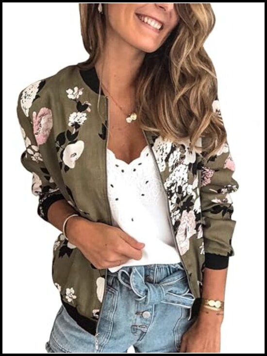 Jackets & Blazers - Womens Floral Zip Up Bomber Jacket Lightweight Quilted Casual Coat